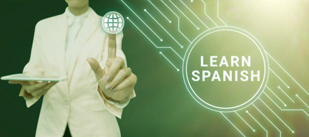 Text caption presenting Learn Spanish. Business overview Translation Language in Spain Vocabulary Dialect Speechの写真素材