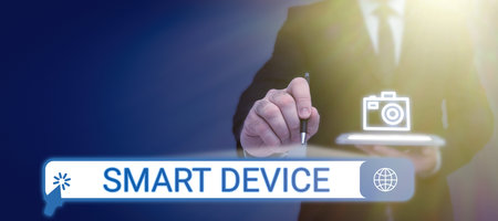 Writing displaying text Smart Device. Word Written on Electronic gadget that able to connect share interact with userの写真素材