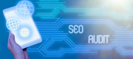 Writing displaying text Seo Audit. Word for Search Engine Optimization validating and verifying processの写真素材