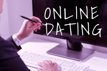 Hand writing sign Online Dating. Conceptual photo Searching Matching Relationships eDating Video Chattingの写真素材