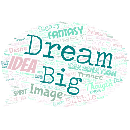 Big word cloud in the shape of dialog box with words dream big. To think of something high value that you want to achieve. Using imagination.のイラスト素材