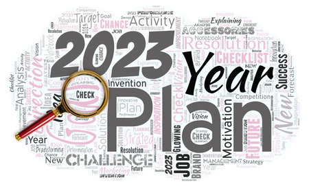 Big word cloud with word Plan. with magnifying glass. Improve searching for something in a certain...