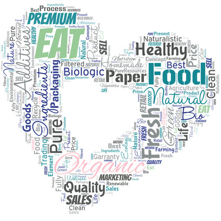 Big word cloud in the shape of heart with words eat organic. Reduction of eating sweets Diabetic control dietingのイラスト素材