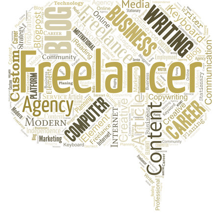 Big word cloud in the shape of dialox box with word freelancer. Person who pursues a profession without a long-term commitment to any one employerのイラスト素材
