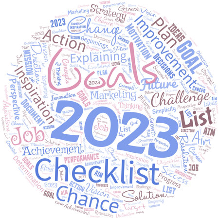 Big word cloud in the shape of circle with words goals 2023. Identifying something you want to...