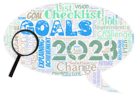 Big word cloud in the shape of speech bubble with magnifying glass with words goals 2023....