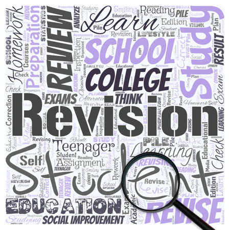 Big word cloud in the shape of square with magnifying glass with word revision. Action of revising over someone like auditing or accountingの写真素材