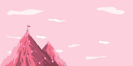 Man On A Mountain Drawing Proud Of His Climbing Success To The Clouds. Athlete On A Cliff Celebrating Achievement Ascending To The Top. Sports Guy Reaching The Sky.のイラスト素材