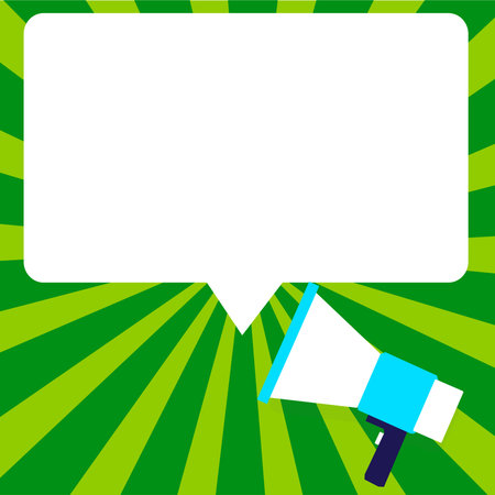 Presenter With Conversation Bubble Showing New Announcement. Colleague Speech Balloon Presenting Fresh And Important News Messages.のイラスト素材