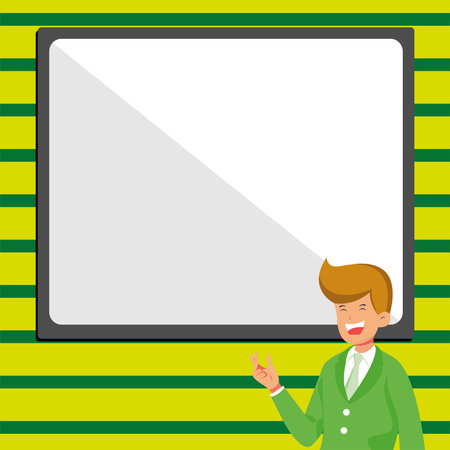 Instructor Drawing Pointing Stick On Empty Whiteboard While Holding Cup. Professor Holding Pointer At The Board Showing New Information.のイラスト素材