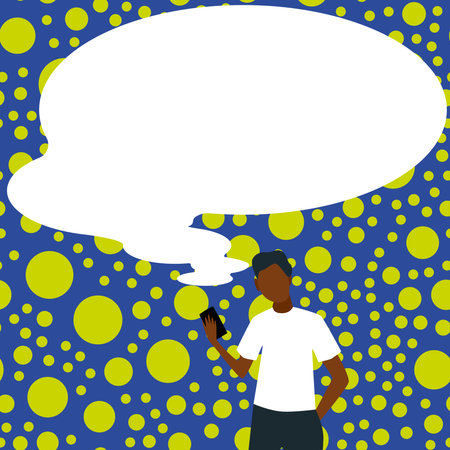Presenter With Conversation Bubble Showing New Announcement. Colleague Speech Balloon Presenting Fresh And Important News Messages.のイラスト素材