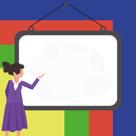 Instructor Drawing Pointing Stick On Empty Whiteboard While Holding Cup. Professor Holding Pointer At The Board Showing New Information.のイラスト素材