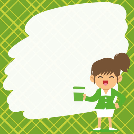 Instructor Drawing Pointing Stick On Empty Whiteboard While Holding Cup. Professor Holding Pointer At The Board Showing New Information.のイラスト素材