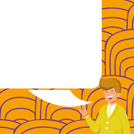 Presenter With Conversation Bubble Showing New Announcement. Colleague Speech Balloon Presenting Fresh And Important News Messages.のイラスト素材