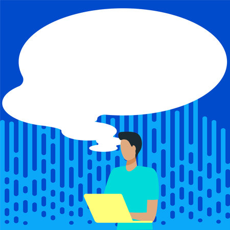 Presenter With Conversation Bubble Showing New Announcement. Colleague Speech Balloon Presenting Fresh And Important News Messages.のイラスト素材