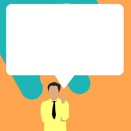 Presenter With Conversation Bubble Showing New Announcement. Colleague Speech Balloon Presenting Fresh And Important News Messages.のイラスト素材