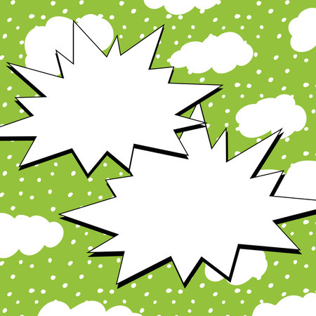 Comic Blank Speech Bubble With Copy Space And Colorful Doodles. Design Of Empty Template In Explosion Framework Representing Social Media Messaging And Connecting.のイラスト素材