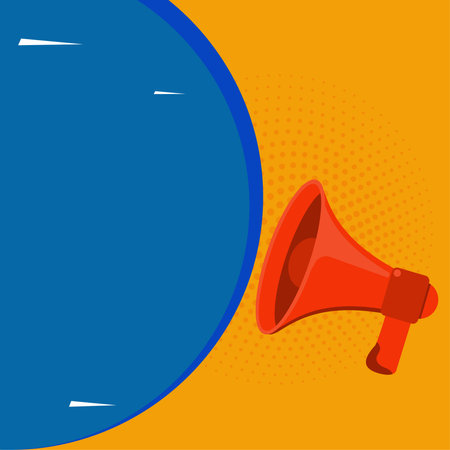Megaphone Drawing With Conversation Bubble Showing New Announcement. Bullhorn Voice Device With Speech Balloon Presenting Fresh And Important News Messages.のイラスト素材
