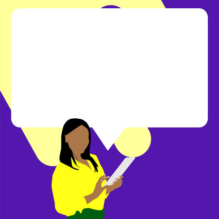 Presenter With Conversation Bubble Showing New Announcement. Colleague Speech Balloon Presenting Fresh And Important News Messages.のイラスト素材