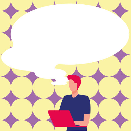 Presenter With Conversation Bubble Showing New Announcement. Colleague Speech Balloon Presenting Fresh And Important News Messages.のイラスト素材