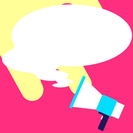 Presenter With Conversation Bubble Showing New Announcement. Colleague Speech Balloon Presenting Fresh And Important News Messages.のイラスト素材