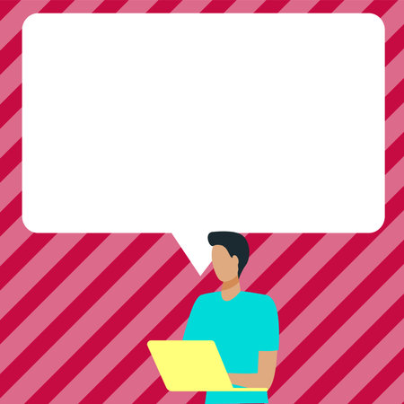 Presenter With Conversation Bubble Showing New Announcement. Colleague Speech Balloon Presenting Fresh And Important News Messages.のイラスト素材