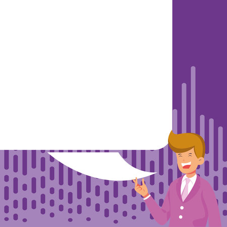Presenter With Conversation Bubble Showing New Announcement. Colleague Speech Balloon Presenting Fresh And Important News Messages.のイラスト素材