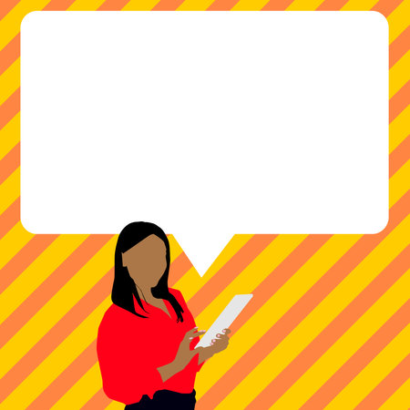 Presenter With Conversation Bubble Showing New Announcement. Colleague Speech Balloon Presenting Fresh And Important News Messages.のイラスト素材