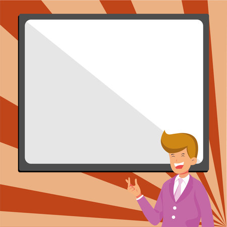 Instructor Drawing Pointing Stick On Empty Whiteboard While Holding Cup. Professor Holding Pointer At The Board Showing New Information.のイラスト素材