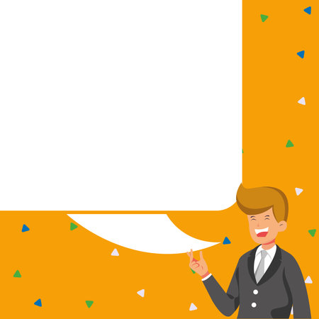 Presenter With Conversation Bubble Showing New Announcement. Colleague Speech Balloon Presenting Fresh And Important News Messages.のイラスト素材