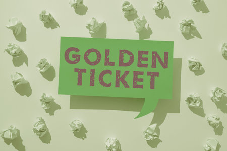 Conceptual caption Golden Ticket. Business idea Rain Check Access VIP Passport Box Office Seat Eventの写真素材