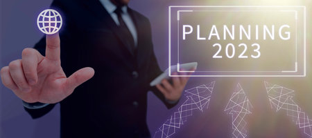 Text showing inspiration Planning 2023. Concept meaning Begin with end in the Mind Positioning Long term Objectivesの写真素材