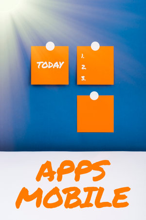 Hand writing sign Apps Mobile. Concept meaning computer program designed to run on phone hand held deviceの写真素材