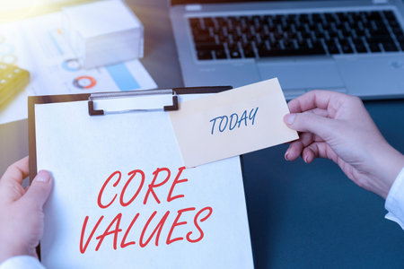 Text showing inspiration Core Values. Word Written on principles which guide and determine what is...