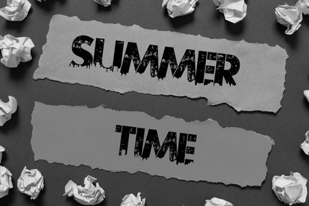 Text showing inspiration Summer Time. Conceptual photo the hottest season of the year characterized by short nightsの写真素材