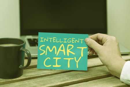 Conceptual caption Intelligent Smart City. Concept meaning Urban intelligent building automation...