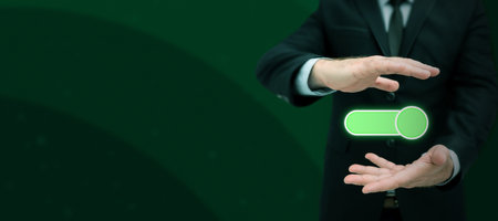 Man Standing Holding Tablet And Pressing On Virtual Button. Business Man Carrying Pad Tapping Switch...