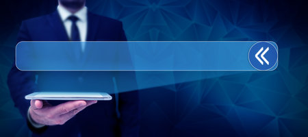Man Standing Holding Tablet And Pressing On Search Bar. Business Man Carrying Pad Tapping Switch Showing New Futuristic Technologies.の写真素材