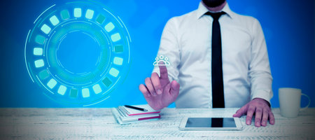 Man Standing Holding Tablet And Pressing On Virtual Button. Business Man Carrying Pad Tapping Switch...
