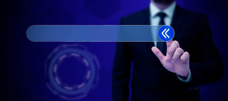 Man Standing Holding Tablet And Pressing On Search Bar. Business Man Carrying Pad Tapping Switch...