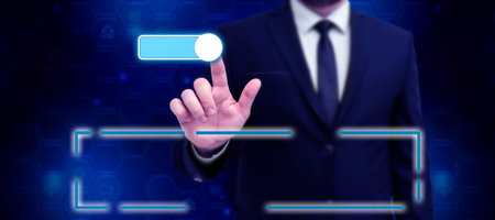 Man Standing Holding Tablet And Pressing On Search Bar. Business Man Carrying Pad Tapping Switch...