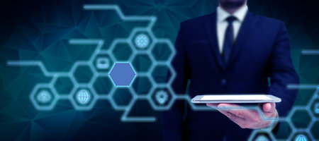 Man Standing Holding Tablet And Pressing On Search Bar. Business Man Carrying Pad Tapping Switch Showing New Futuristic Technologies.の写真素材