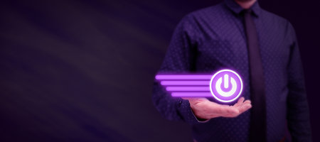 Man Standing Holding Tablet And Pressing On Virtual Button. Business Man Carrying Pad Tapping Switch Showing New Futuristic Technologies.の写真素材