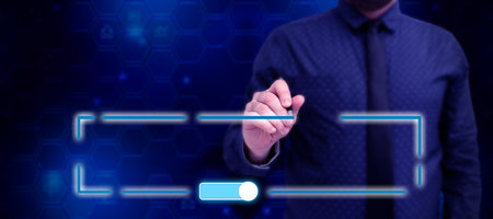 Man Standing Holding Tablet And Pressing On Search Bar. Business Man Carrying Pad Tapping Switch...