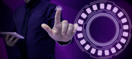 Man Standing Holding Tablet And Pressing On Virtual Button. Business Man Carrying Pad Tapping Switch Showing New Futuristic Technologies.の写真素材