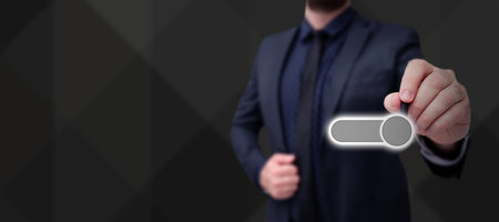 Man Standing Holding Tablet And Pressing On Virtual Button. Business Man Carrying Pad Tapping Switch...