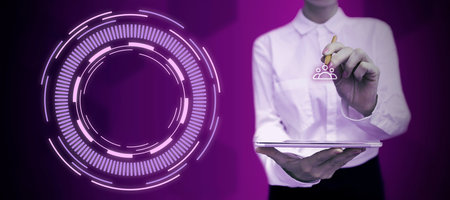 Man Standing Holding Tablet And Pressing On Virtual Button. Business Man Carrying Pad Tapping Switch Showing New Futuristic Technologies.の写真素材