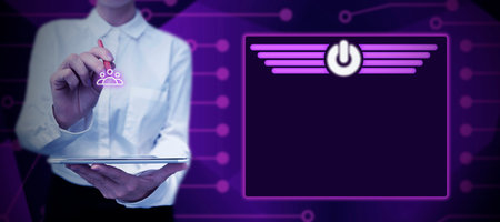 Man Standing Holding Tablet And Pressing On Virtual Button. Business Man Carrying Pad Tapping Switch Showing New Futuristic Technologies.の写真素材