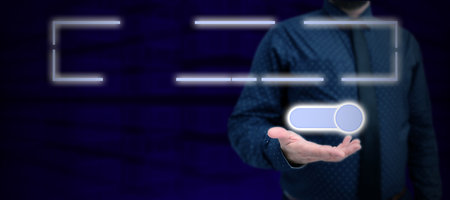 Man Standing Holding Tablet And Pressing On Search Bar. Business Man Carrying Pad Tapping Switch Showing New Futuristic Technologies.の写真素材