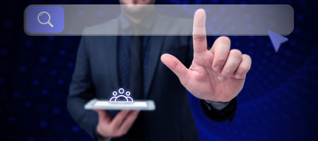 Man Standing Holding Tablet And Pressing On Search Bar. Business Man Carrying Pad Tapping Switch...